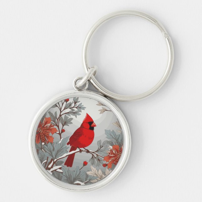 Wintery Red Cardinal Bird  Key Ring (Front)