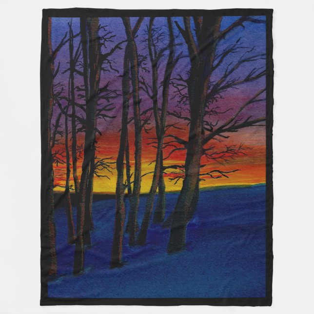 Wintery Woods at Sunset 60x80"large Fleece Blanket (Front)