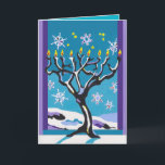 Wintry Hanukkah Holiday Card<br><div class="desc">Hanukkah often falls in winter, just as the first snowflakes fall gently through the sky. People light the Hanukkah lamp by a window, with a view of the nighttime sky. This card shows a Hanukkah lamp, shaped like a snow-covered, bare-branched tree, placed before a window. Behind the lamp is a...</div>