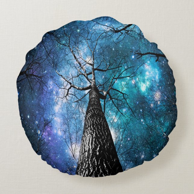 Wintry Trees Turquoise Teal Galaxy Skies Round Cushion (Back)