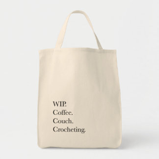 WIP. Coffee. Couch. Crocheting. Tote Bag