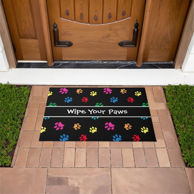 Wipe Your Paws Colourful Paw Prints Pattern Black Doormat (Outdoor)
