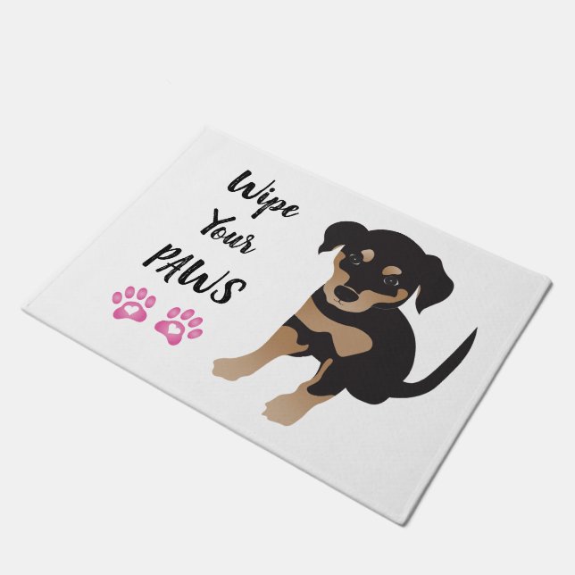 Wipe Your Paws Cute Puppy Black Pink Doormat (Angled)
