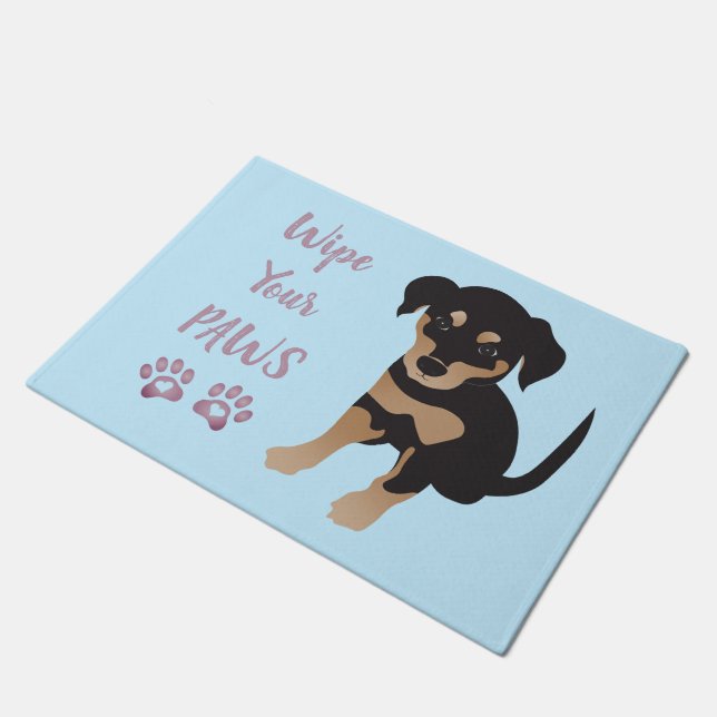 Wipe Your Paws Cute Puppy Blue Purple Doormat (Angled)