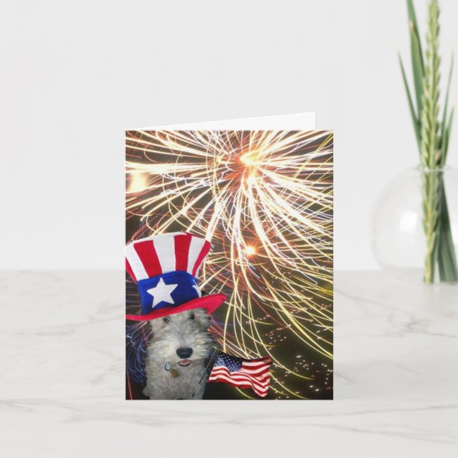 Wire Fox Terrier Celebrating Independence Day Card (Front)