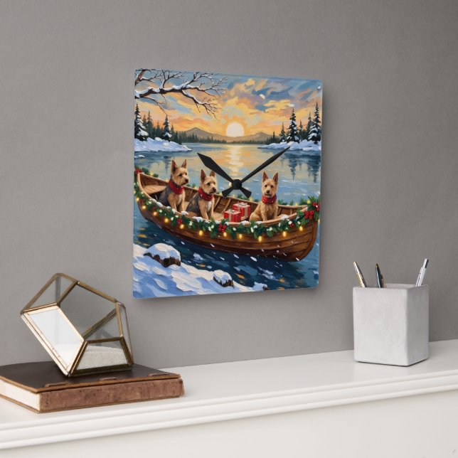Wire Fox Terrier Christmas Boat Holiday Square Wall Clock (Office)