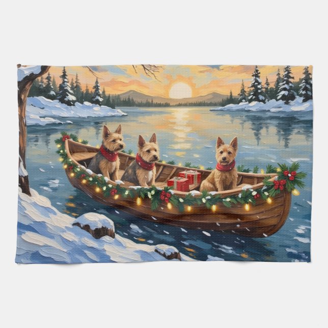 Wire Fox Terrier Christmas Boat Holiday Tea Towel (Horizontal)