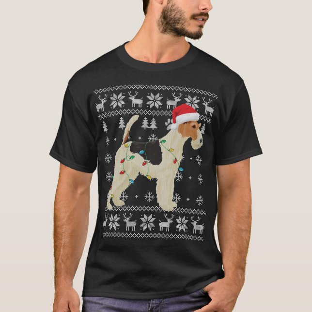Wire Fox Terrier Christmas Ugly Lights Santa Hat D T-Shirt (Front)