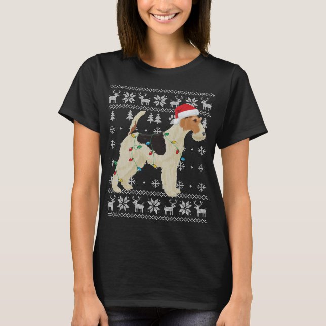 Wire Fox Terrier Christmas Ugly Lights Santa Hat D T-Shirt (Front)