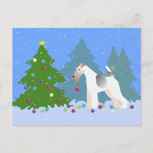 Wire Fox Terrier Decorating Christmas Tree -Forest Holiday Postcard