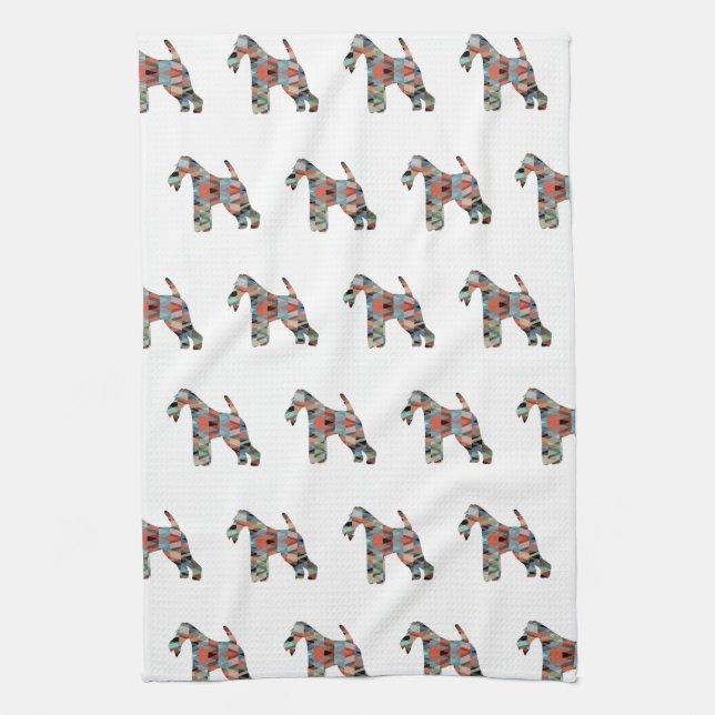 Wire Fox Terrier Dog Breed Geo Silhouette Plaid Tea Towel (Vertical)