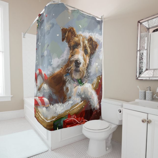 Wire Fox Terrier Dog Christmas Festive  Shower Curtain (In Situ)