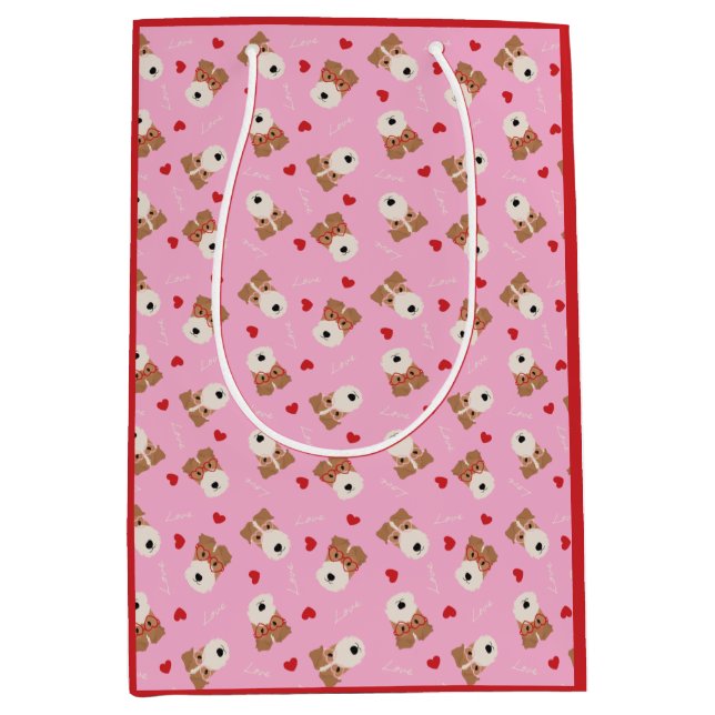 Wire Fox Terrier Dog Heart Glasses Pattern Pink Medium Gift Bag (Front)