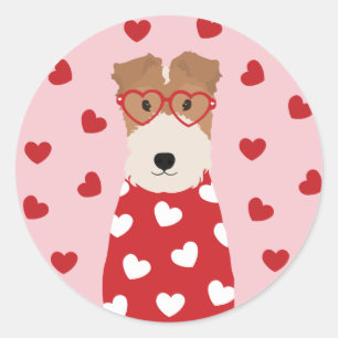 Wire Fox Terrier Dog Heart Glasses Pink  Classic Round Sticker