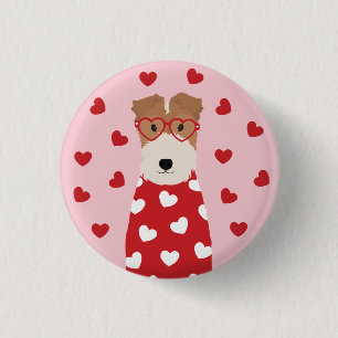 Wire Fox Terrier Dog Heart Glasses Pink Red 3 Cm Round Badge