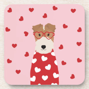 Wire Fox Terrier Dog Heart Glasses Pink Red Coaster