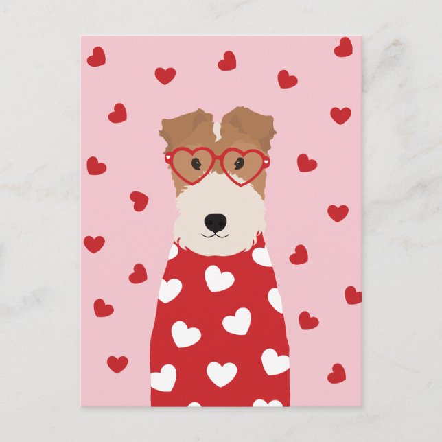 Wire Fox Terrier Dog Heart Glasses Pink Red Postcard (Front)