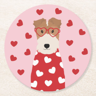 Wire Fox Terrier Dog Heart Glasses Pink Red Round Paper Coaster