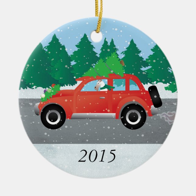 Wire Fox Terrier Driving a Christmas Car Ceramic Tree Decoration (Front)