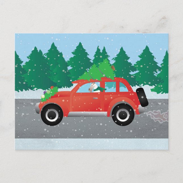 Wire Fox Terrier Driving a Christmas Car Holiday Postcard (Front)