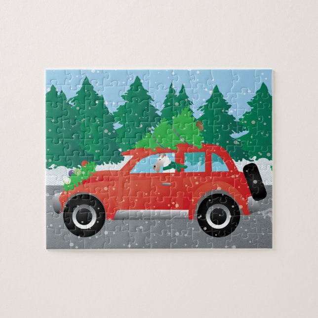 Wire Fox Terrier Driving a Christmas Car Jigsaw Puzzle (Horizontal)