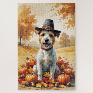 Wire Fox Terrier In Autumn Leaves Thanksgiving Art Jigsaw Puzzle