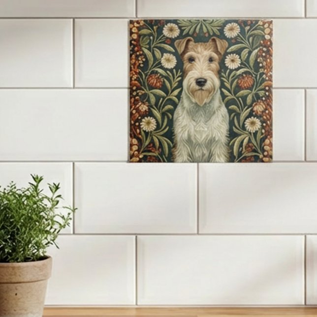 Wire Fox Terrier in William Morris Floral Style Ceramic Tile (Creator Uploaded)