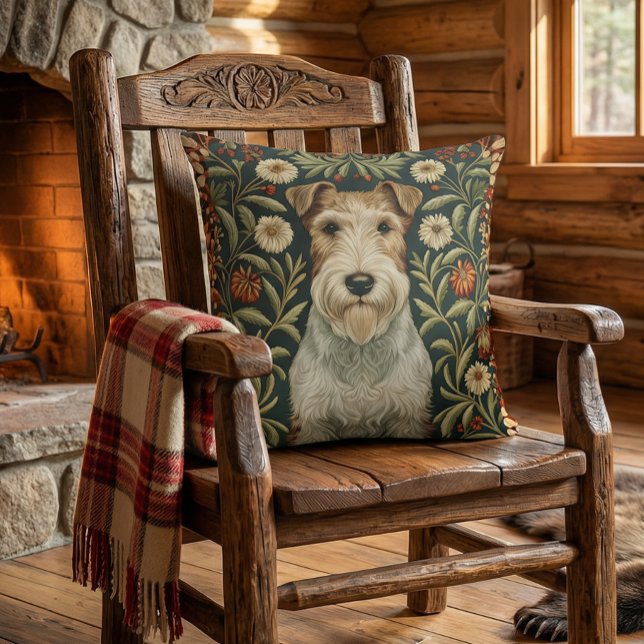 Wire Fox Terrier in William Morris Floral Style Cushion (Approximates 20 inch size.)