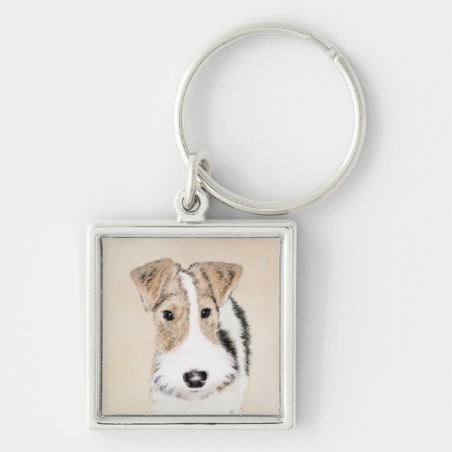 Wire Fox Terrier Painting - Cute Original Dog Art Key Ring (Front)