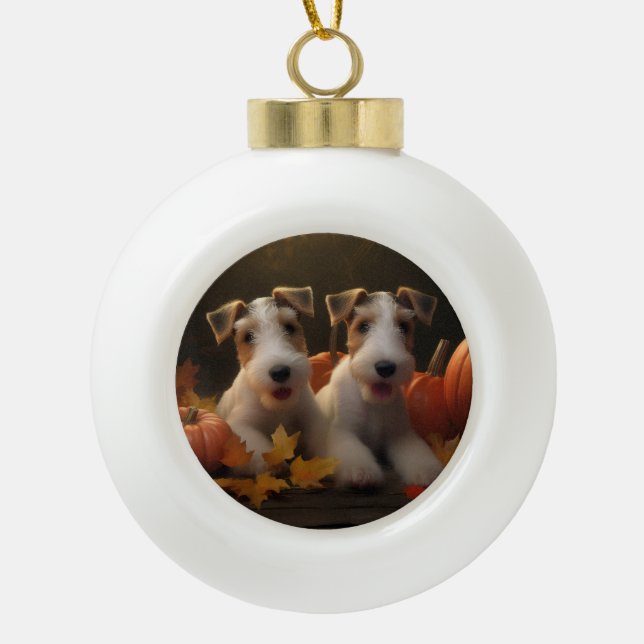 Wire Fox Terrier Puppy Autumn Delight Pumpkin Ceramic Ball Christmas Ornament (Front)