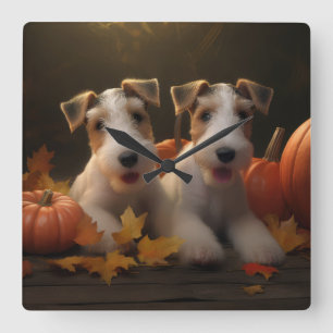 Wire Fox Terrier Puppy Autumn Delight Pumpkin Square Wall Clock