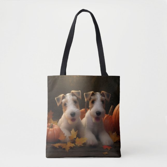 Wire Fox Terrier Puppy Autumn Delight Pumpkin Tote Bag (Front)