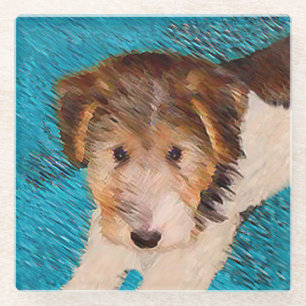 Wire Fox Terrier Puppy Painting - Original Dog Art Glass Coaster