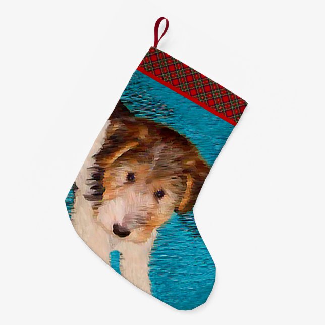 Wire Fox Terrier Puppy Painting - Original Dog Art Small Christmas Stocking (Front (Hanging))
