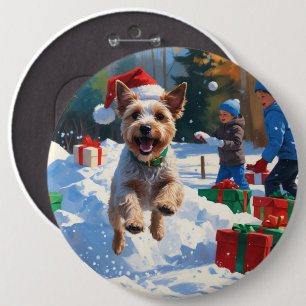 Wire Fox Terrier Running Snow with Christmas Hat 6 Cm Round Badge
