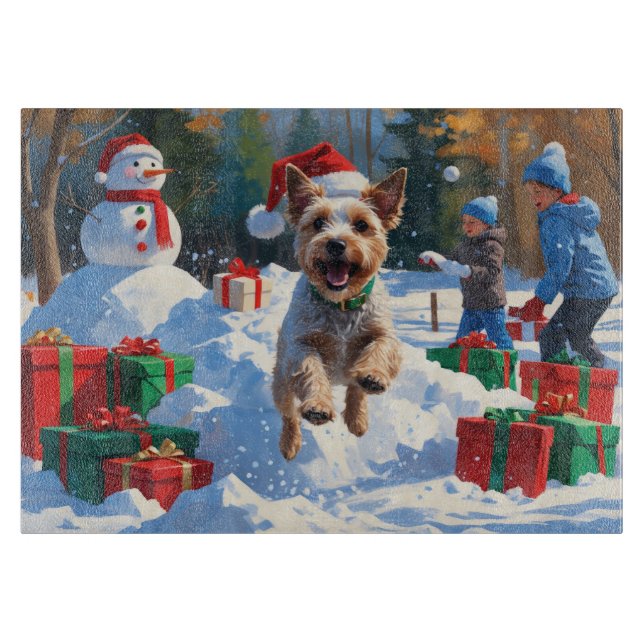 Wire Fox Terrier Running Snow with Christmas Hat Cutting Board (Front)