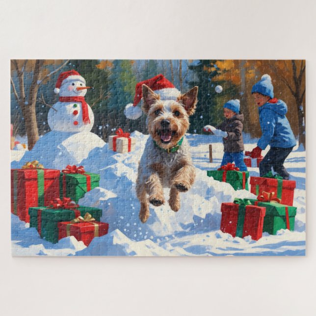 Wire Fox Terrier Running Snow with Christmas Hat Jigsaw Puzzle (Horizontal)