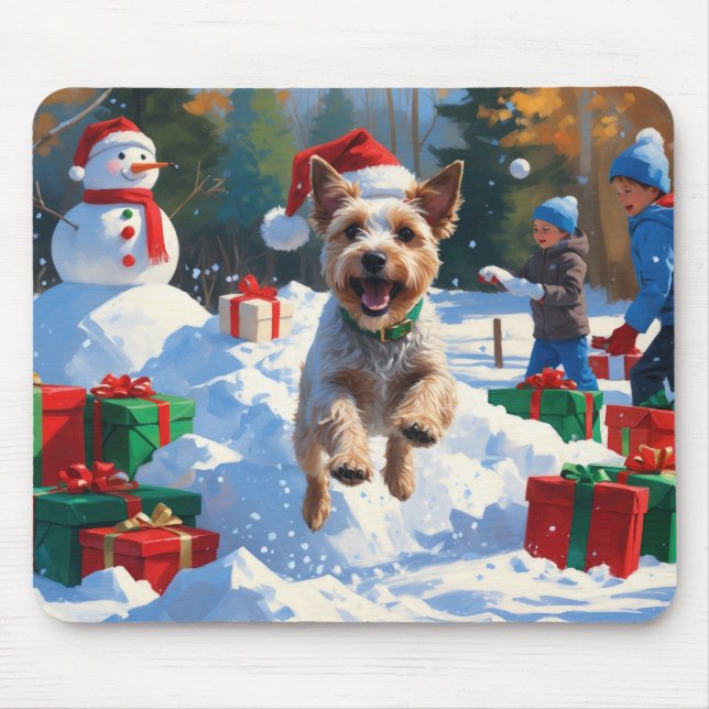 Wire Fox Terrier Running Snow with Christmas Hat Mouse Pad (Front)