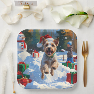 Wire Fox Terrier Running Snow with Christmas Hat Paper Plate