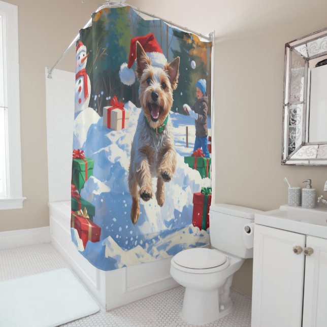 Wire Fox Terrier Running Snow with Christmas Hat Shower Curtain (In Situ)