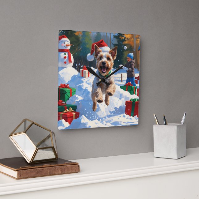Wire Fox Terrier Running Snow with Christmas Hat Square Wall Clock (Office)