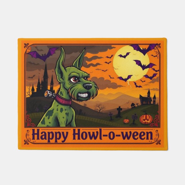 Wire Fox Terrierstein Happy Howl-o-ween Doormat (Front)