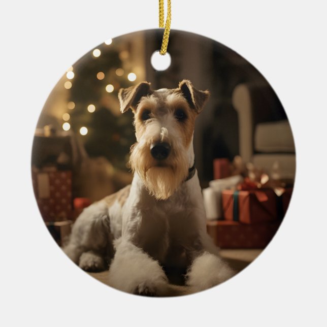 Wire Hair Fox Terrier Christmas Card Ceramic Ornament (Front)