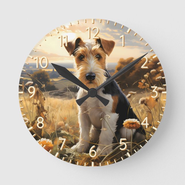 Wire Hair Fox Terrier In Autumn Countryside Round Clock (Front)