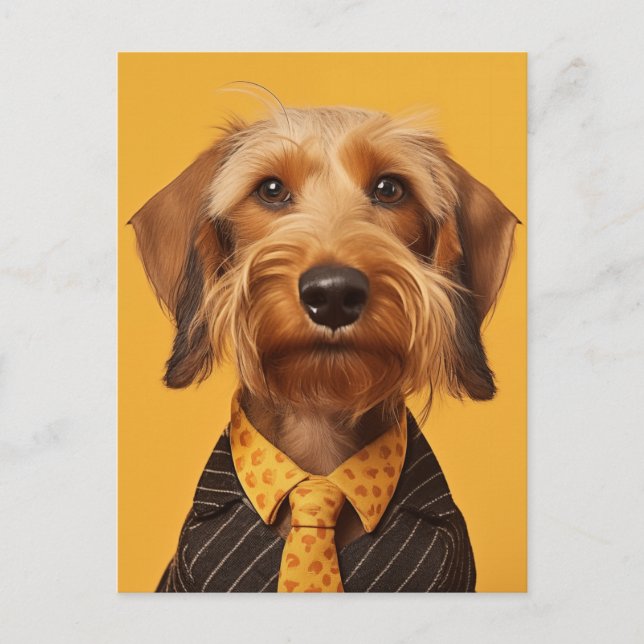 Wire Haired Dachshung On Yellow Postcard (Front)