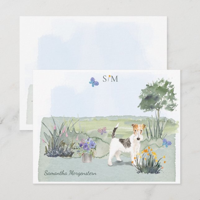 Wire Haired Fox Terrier Butterfly Meadow Monogram  Card (Front/Back)