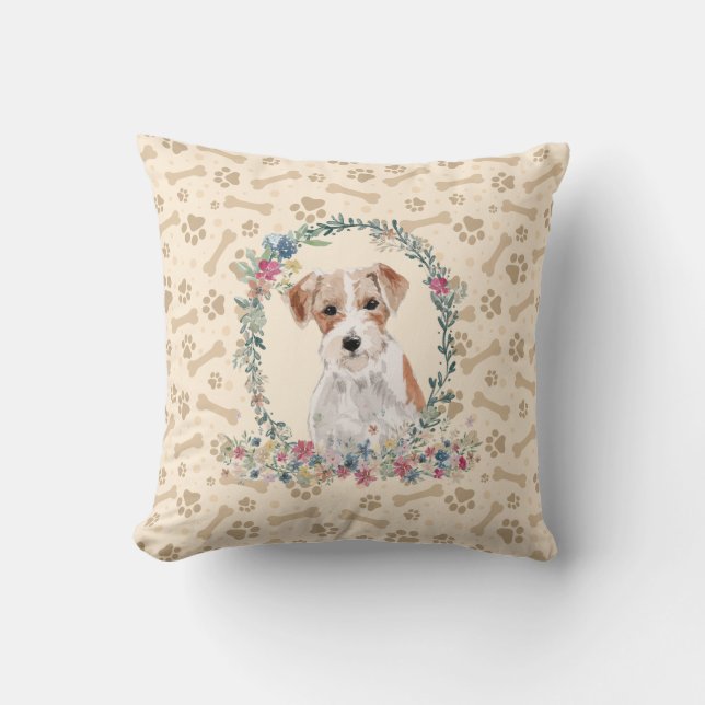 Wire Haired Jack Russell Dog Paw Print & Floral Cushion (Front)