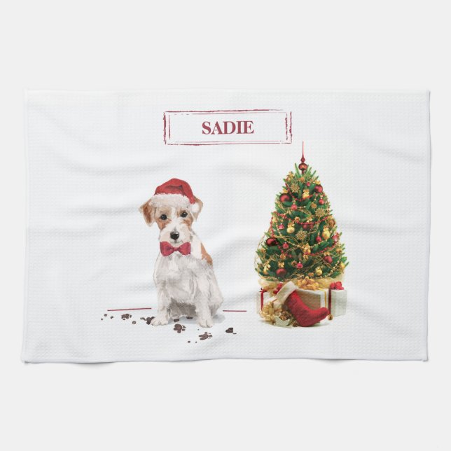 Wire Haired Jack Russell Funny Christmas Dog Tea Towel (Horizontal)