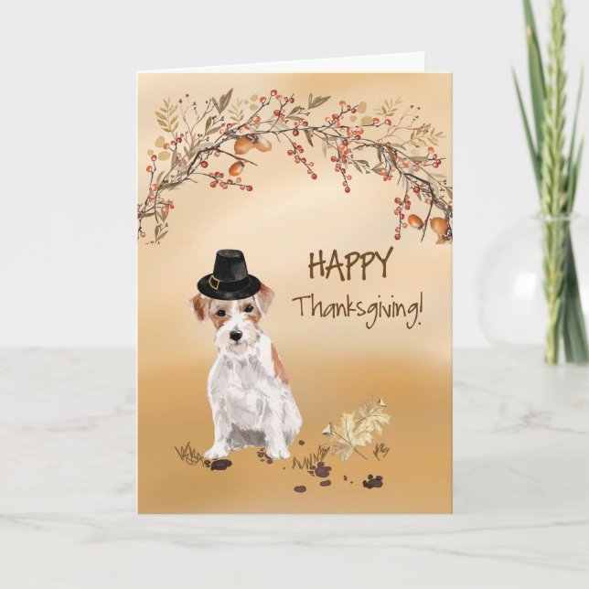 Wire Haired Jack Russell Funny Hat Thanksgiving Card (Front)