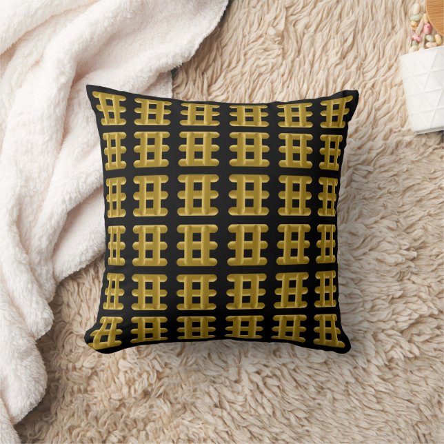 Wired Golden Cord Squared Pattern Gold On Black Cushion (Blanket)